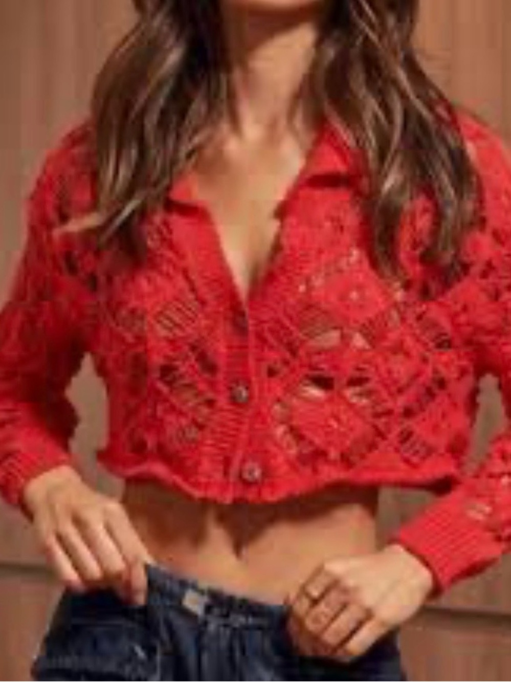NWT Free People Sedona Cardigan Sweater Cropped Open Knit Guava Berry Red